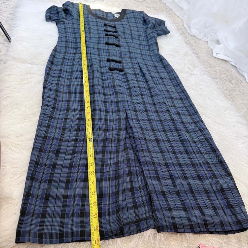 Dawn Joy II Vintage Plaid Midi Dress Blue Black Frog Closure Petite 12P USA Made - Picture 8 of 8